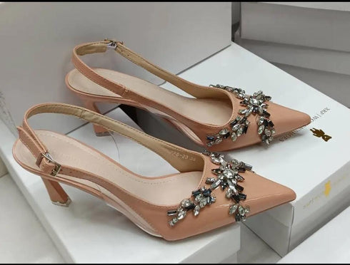 Crystal Embedded Close Toe Sling Back Heels
